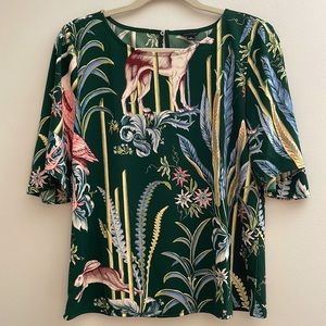 ANN TAYLOR dark green flutter short sleeves blouse